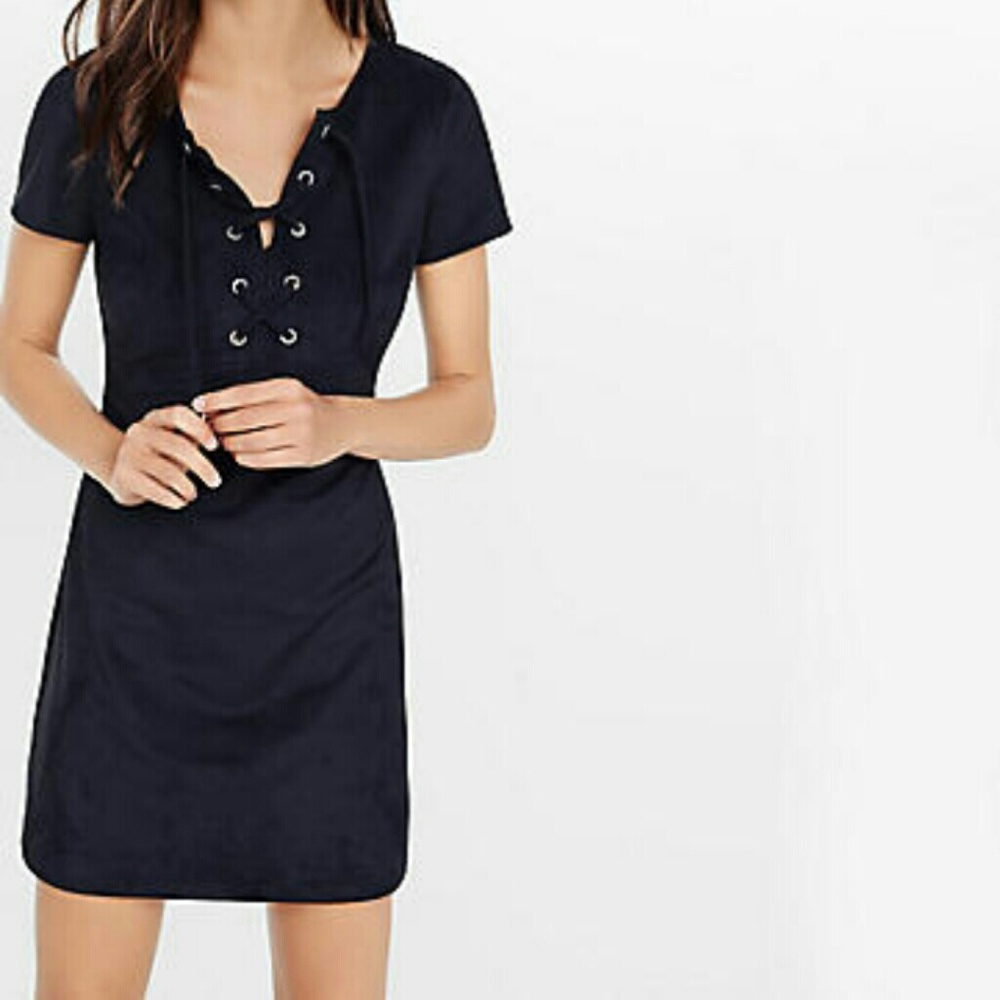 Express Navy Lace-Up Short Sleeve Mini Dress